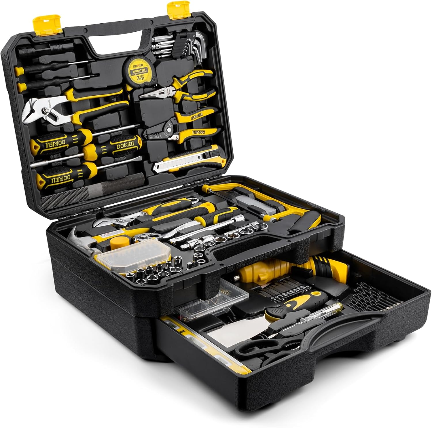 DOWELL 219-Piece Home Tool Set with 3.6V Electric Screwdriver, General Household Tool Kit in Drawer Toolbox for DIY, Furniture Assembly & Repair (Screwdriver, Hex Keys, Wrench, Hammer Included)