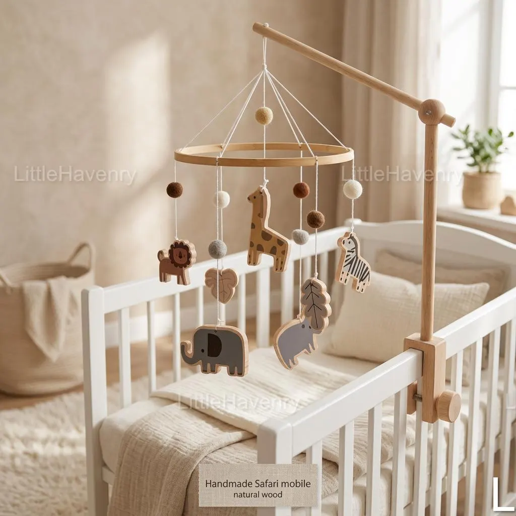 Safari Crib Mobile, Wooden Jungle Animals, Neutral Nursery Decor