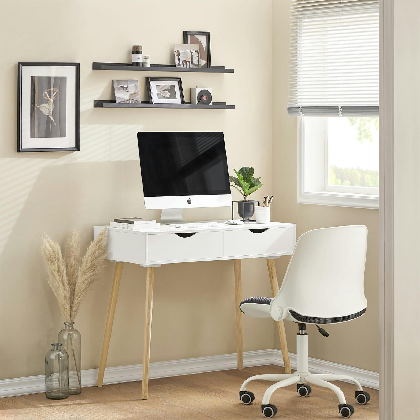 - Bureau informatique 2 tiroirs effet bois blanc