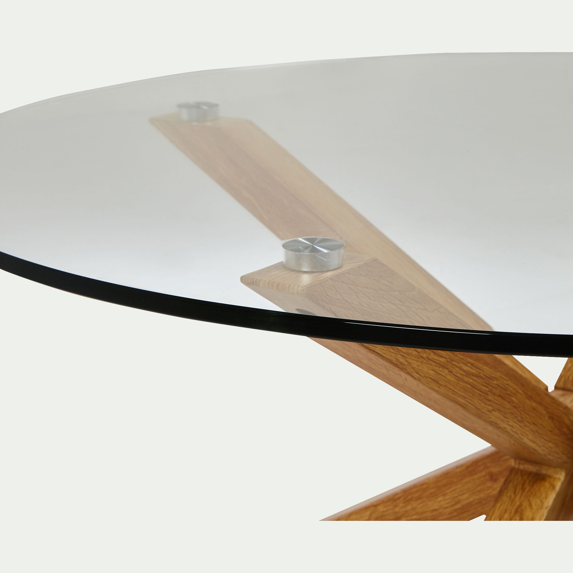 ARENO - Table basse ronde en verre et piétement métal effet bois - transparent