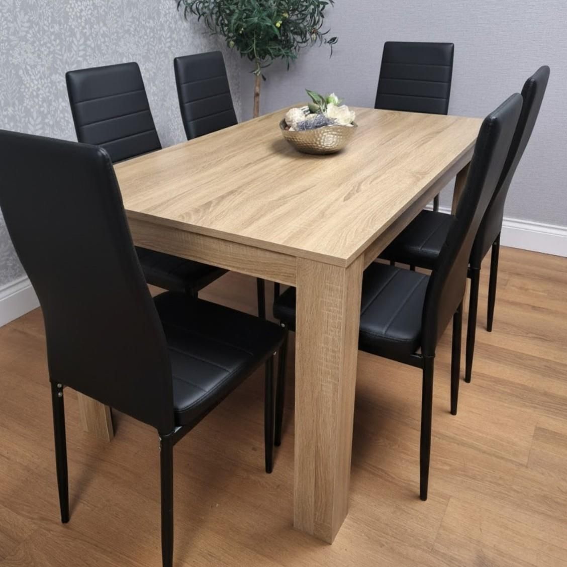KOSY KOALA Oak Effect Dining Table Set With 6 Black Faux Leather Chairs