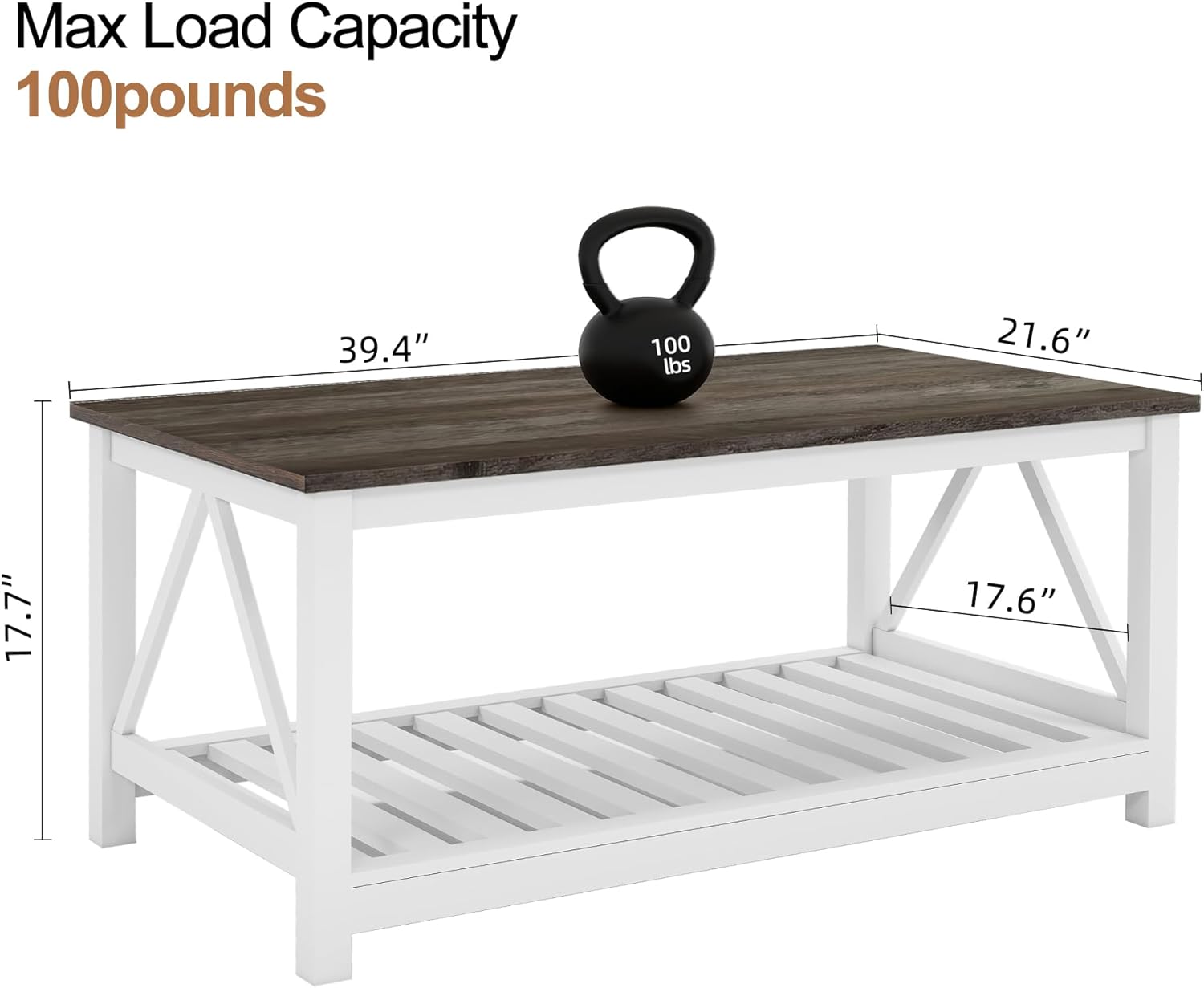 Farmhouse Coffee Table, White OakCoffee Table for Living Room, 2-Tier Rectangular Wooden Centre Cocktail Table with Slats Shelf Storage and V-Shaped Frame Modern Coffee Table Dark Oak