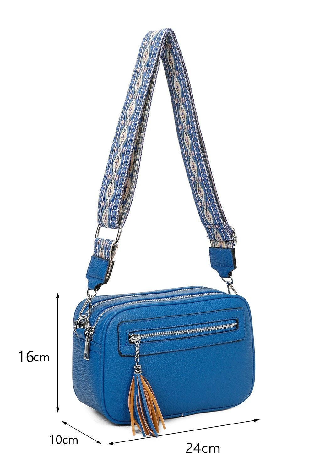 Fontanella Fashion Quadruple Zipped PU Leather Tassel Crossbody Camera Bag with Canvas Strap