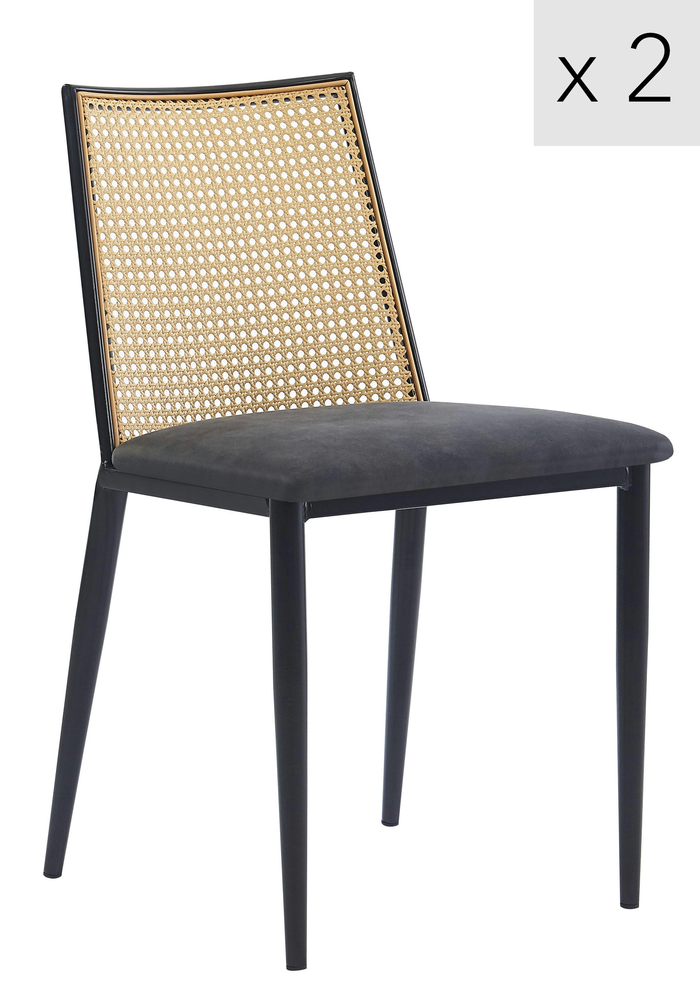 - Lot de 2 chaises en métal et cannage avec assise en simili noir