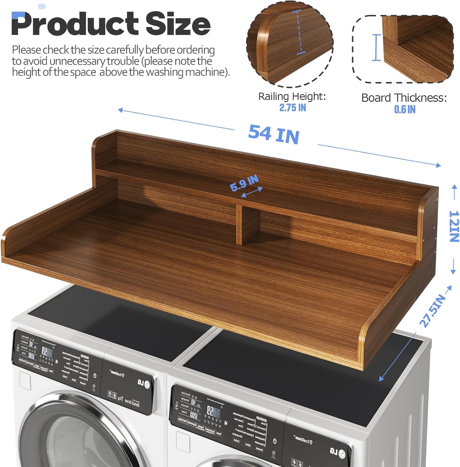 2-Tier Washer and Dryer Countertop with 2.75 H Guard,54 W x 27.5 D Laundry Countertop Cover with Non-Slip Pad,Large Space Laundry Topper for Folding Clothes Over Washer and Dryer-Brown