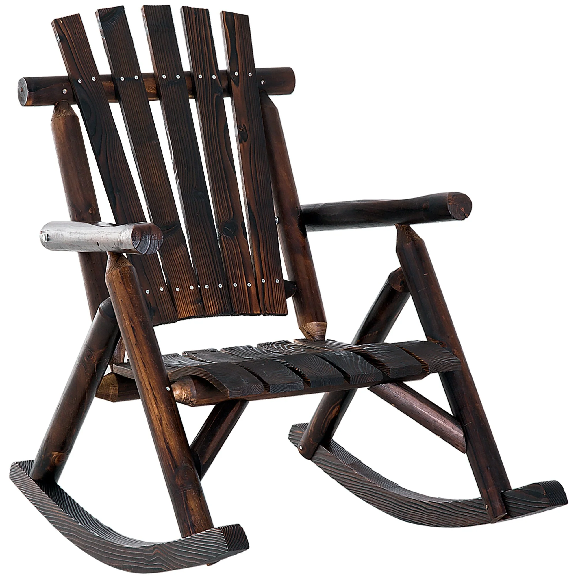 Outdoor Wooden Rocking Chair - Rustic Adirondack Style with Slatted Seat, High Backrest, and Armrests, Brown