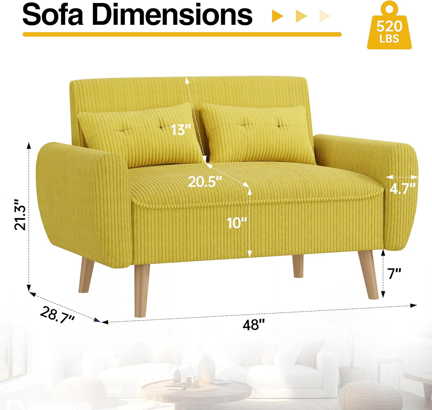 JAMFLY 47'' Small Loveseat Sofa, 2 Seat Compact Couch with Tapered Legs, Yellow Upholstered Furniture, Solid Wood Frame, Comfy Foam Cushion, Easy Assembly for Small Spaces