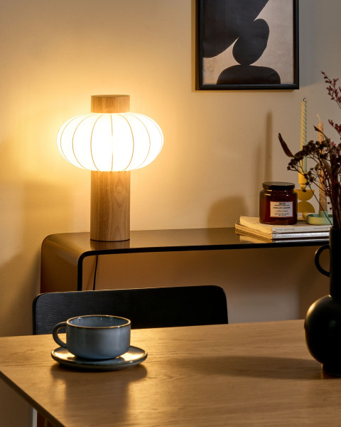 Lampa stołowa drewniana nylonowy klosz jasnobrązowa
