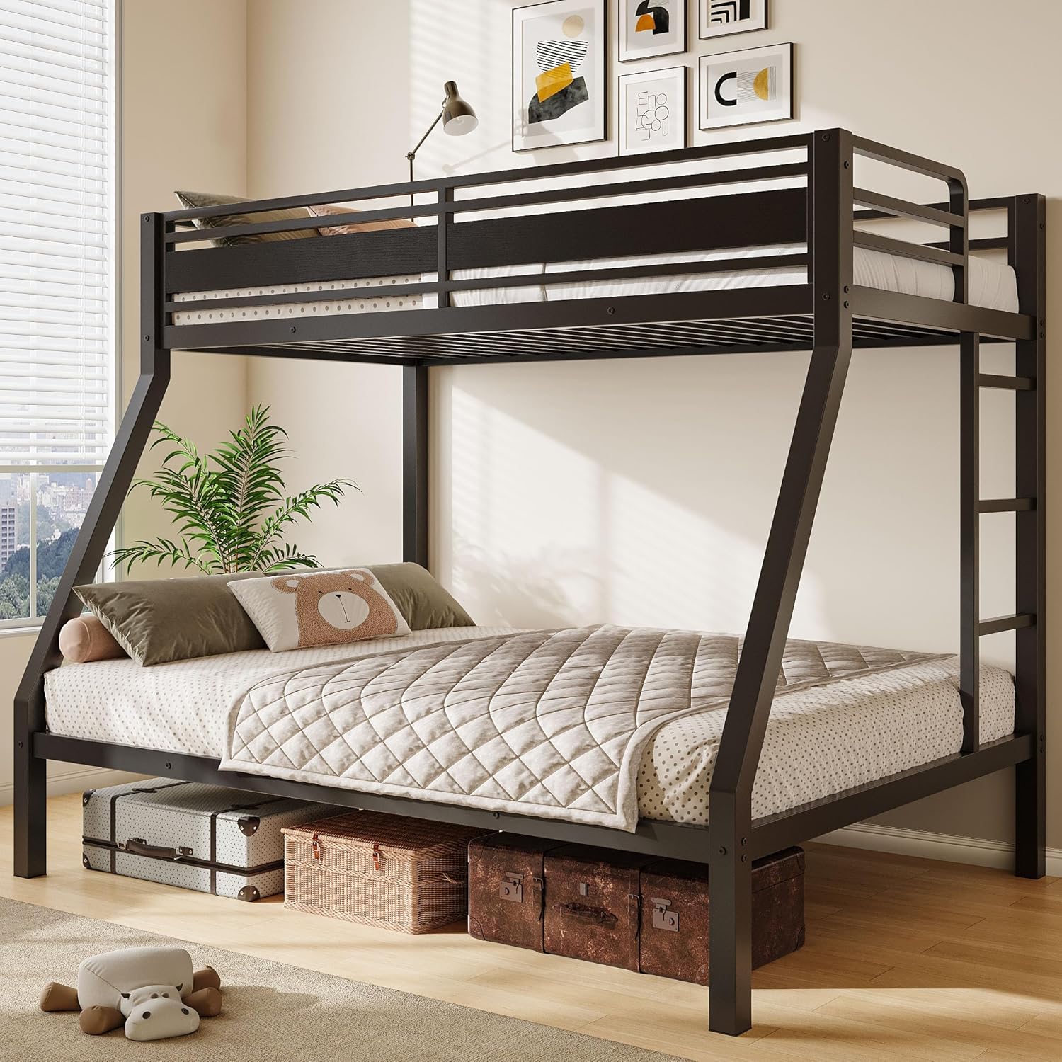 Feonase Bunk Beds Twin Over Full Size, Heavy Duty Metal Bunk Beds with Safety Guardrail & Ladders, Steel Loft Bed Frame for Teens and Adults, Apartment or Dorm, Noise Free & Easy Assembly, Black