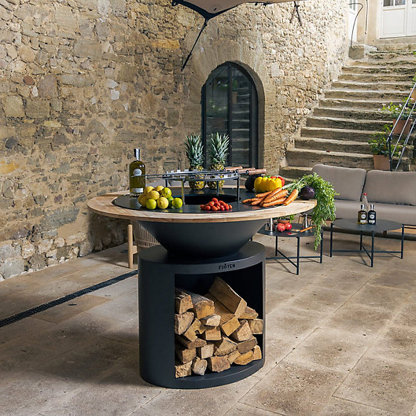 FIRTEN Brasero Ellipse 120 cm thermolaqué Noir plaque Inox