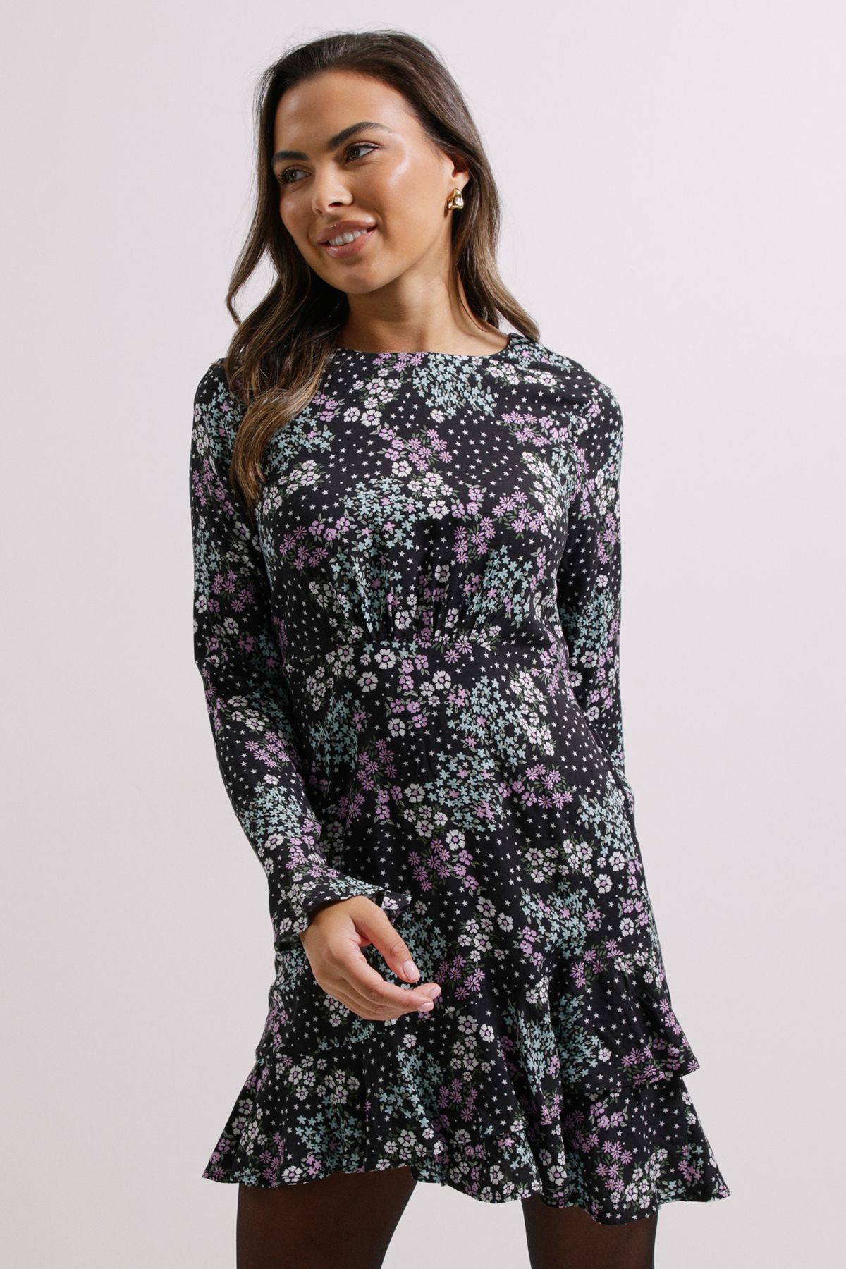Dorothy Perkins Ruffle Sleeve Frill Detail Printed Mini Dress