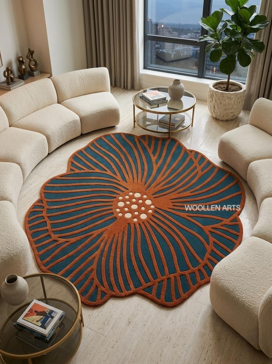 Custom Teal and Rust Orange Flower Rug, Modern Botanical Shaped Wool Carpet, Hand-Tufted Floral Floor Decor by Woollen Arts