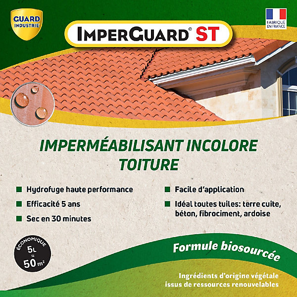 Imperméabilisant Toit Incolore Haute Performance Formule Végétale ImperGuard Spécial Toit Toute Tuile 5 ans Sec 30 min 5L 50 m2