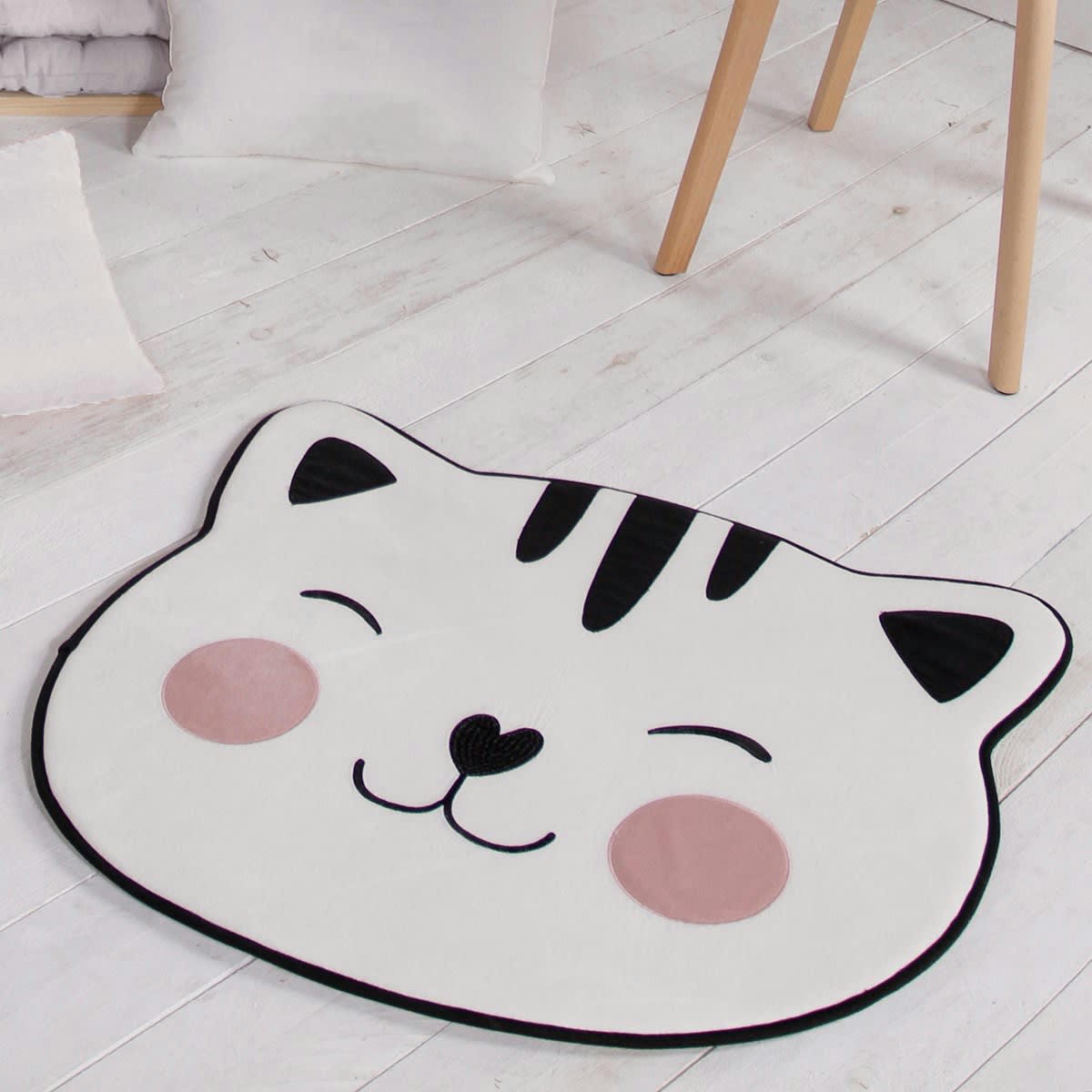 CAT - Tapis enfant imprimé forme chat en polyester blanc 70x80