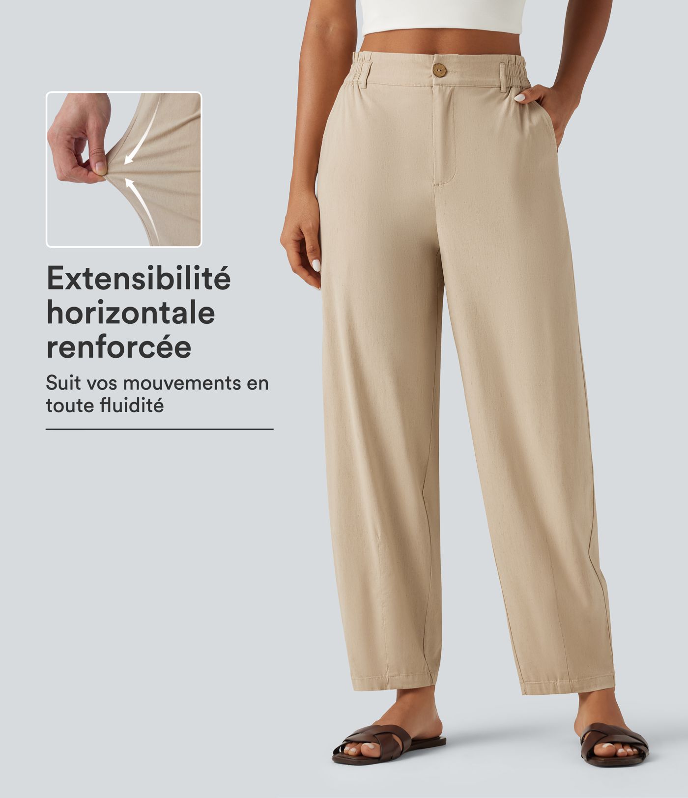 Pantalon en lin stretch taille haute coupe fuselée avec poches