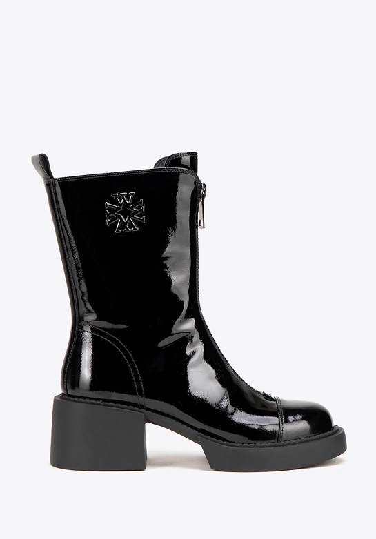 Damskie botki skórzane z monogramem czarno - srebrne