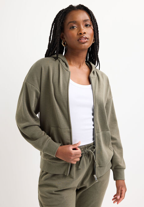Womens Khaki Zip Through Hooded Sweatshirt