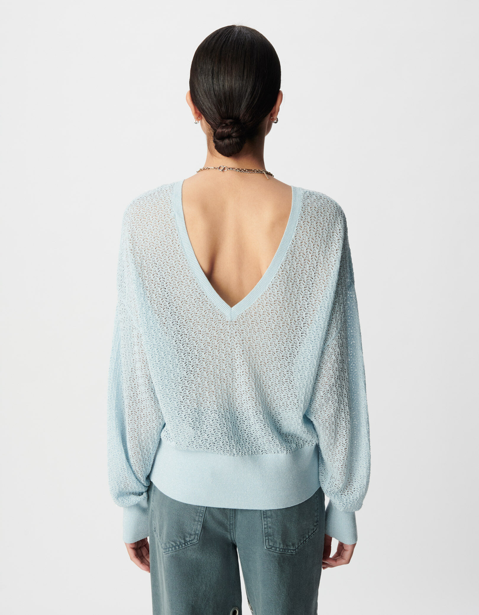 Pull chic beige tricot fantaisie pailleté ajouré Femme