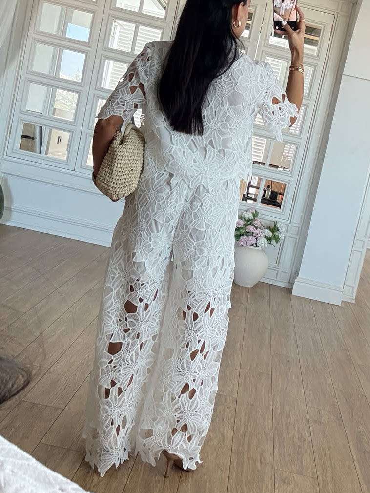 Casual Cutout Lace Shirt & Wide-Leg Pants Two-Piece Set