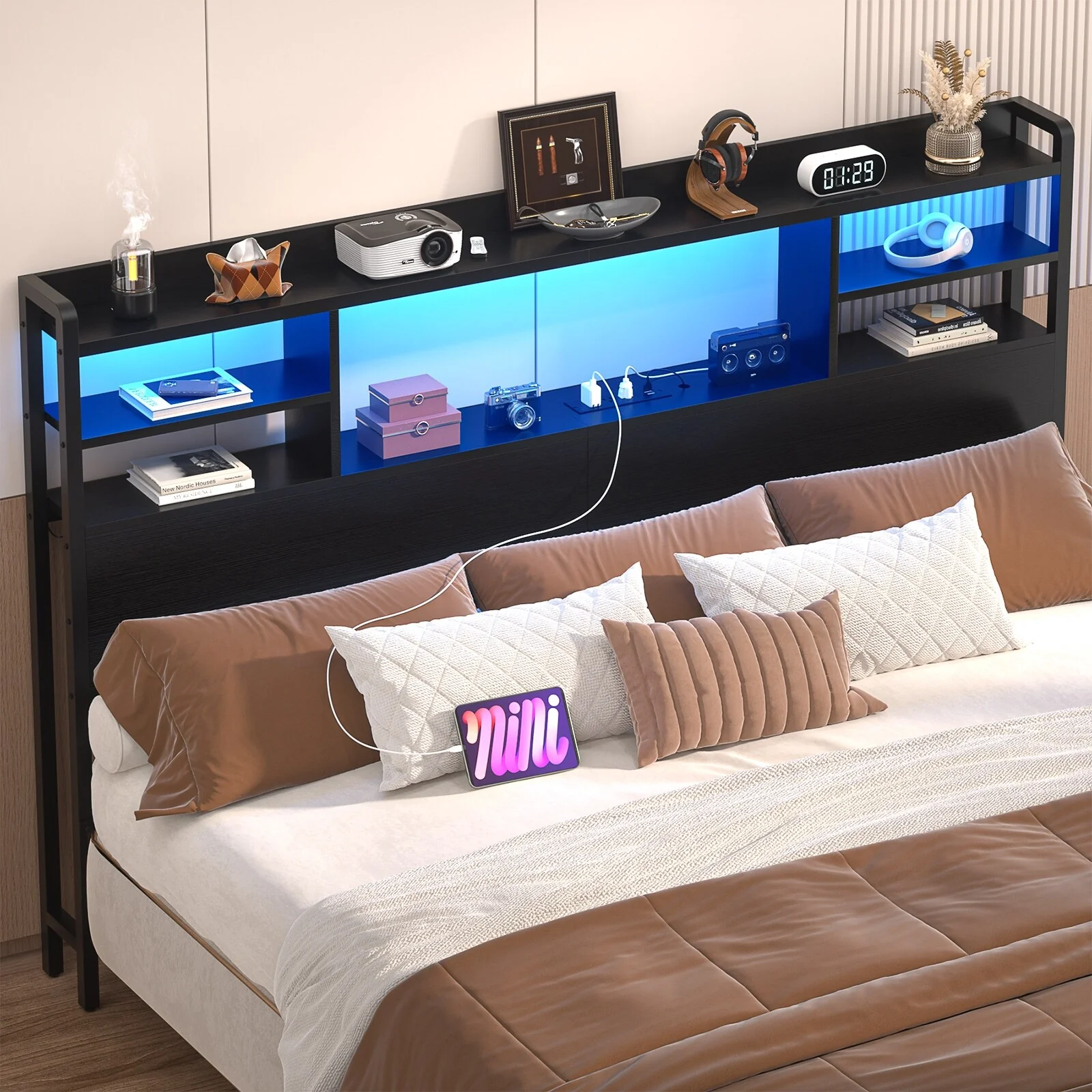 Storage Headboard with USB Port and Power Outlet, Head Board with LED Light for Bed Frame