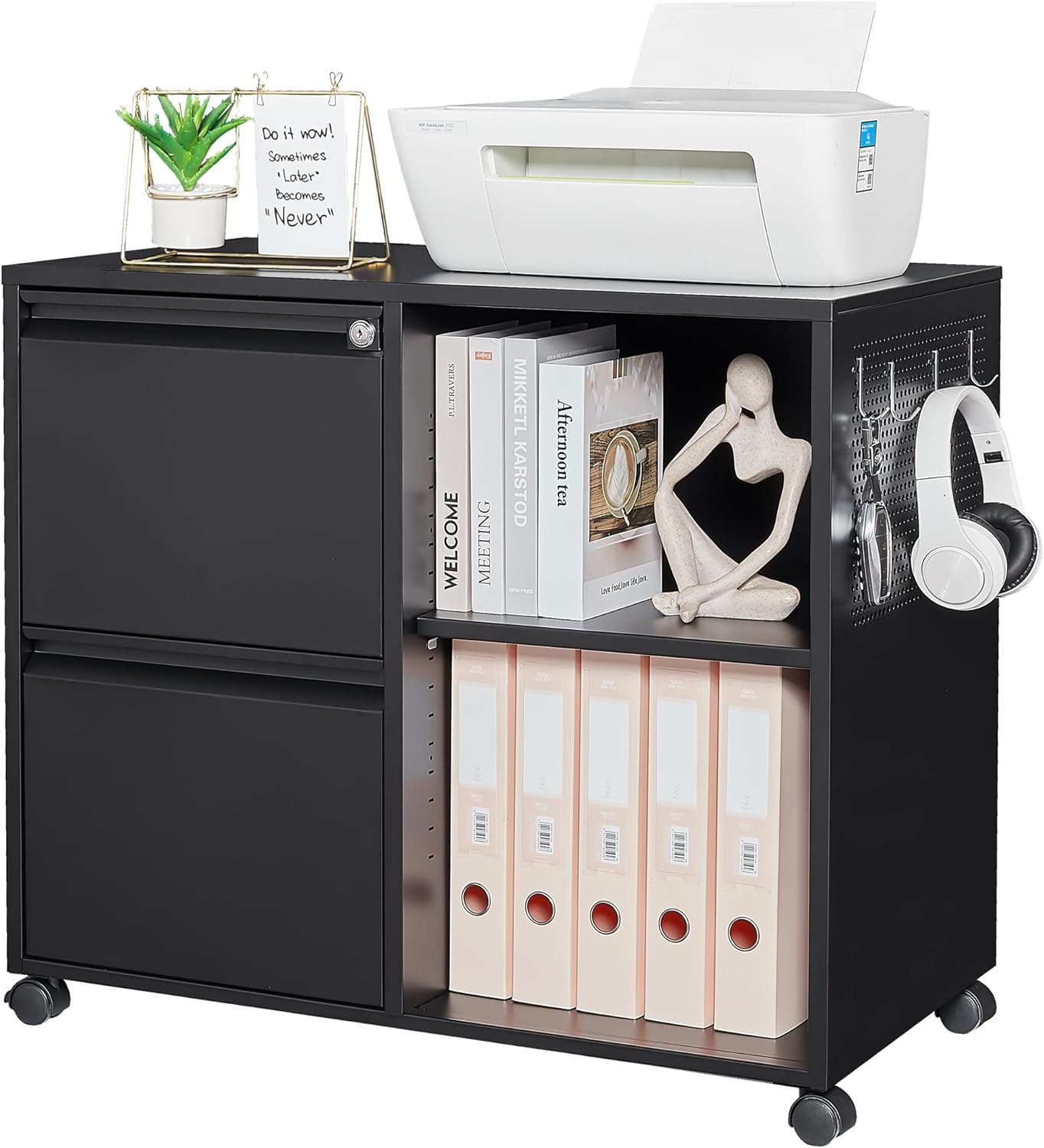 Letaya Mobile File Cabinet, Metal Lateral Rolling Printer Stand Filing Cabinets with Shelves for Home Office-Storage A4/F4 (Black)