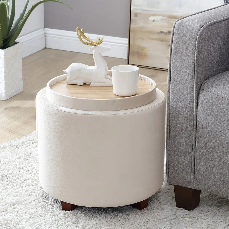 Ornavo Home Lawrence Round Storage Ottoman with Lift Off Lid and Tray Lid Coffee Table
