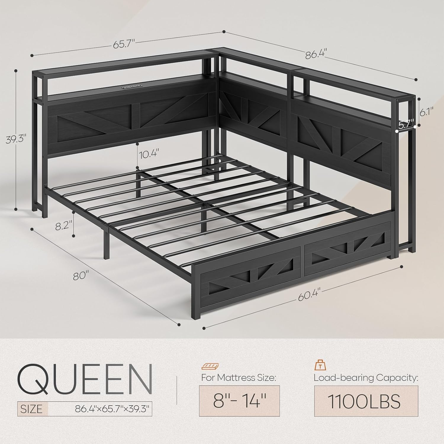 Corner Queen Size Bed Frame with Headboard and Storage Bookcase Large Capacity Farmhouse Bed Frame with LED Lights and Charging Station for Kids Corner Storage Bed