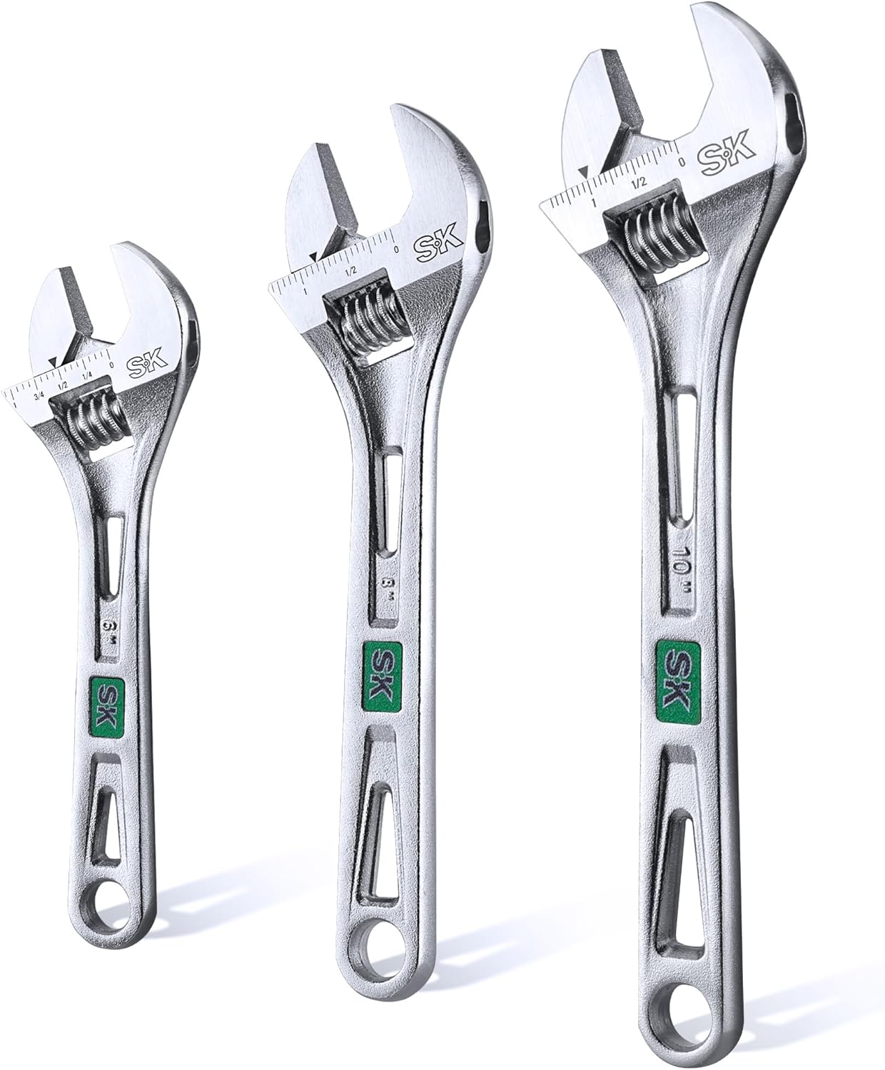 SK 3-Piece Adjustable Wrench Set, 6-Inch, 8-Inch, 10-Inch, Cr-V Steel, SAE & Metric Scales