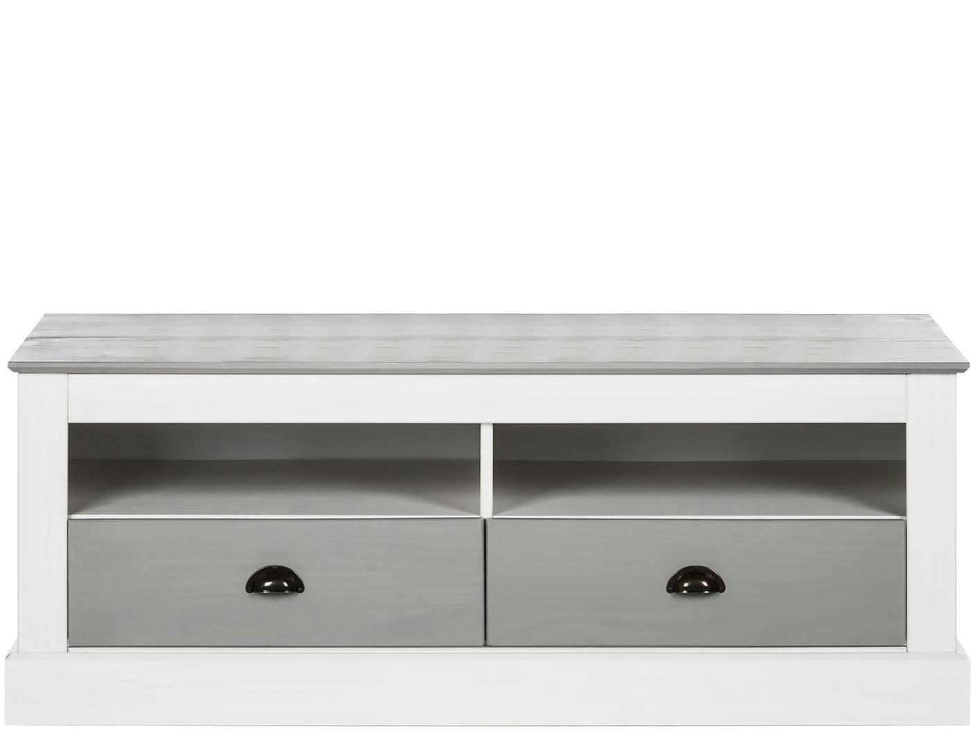 TOBY - Meuble TV avec 2 portes en pin blanc et gris