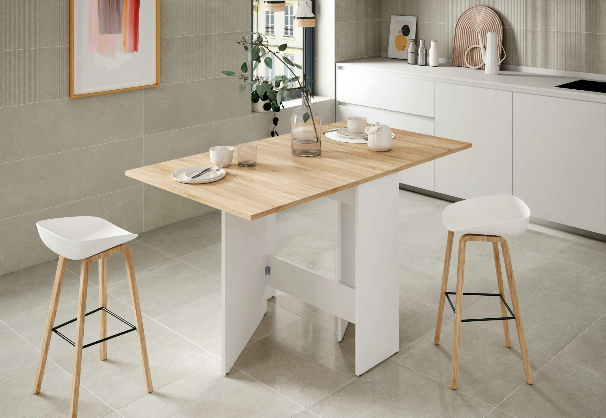 TOLEDO - Table extensible effet bois 31x77 cm blanc et chêne