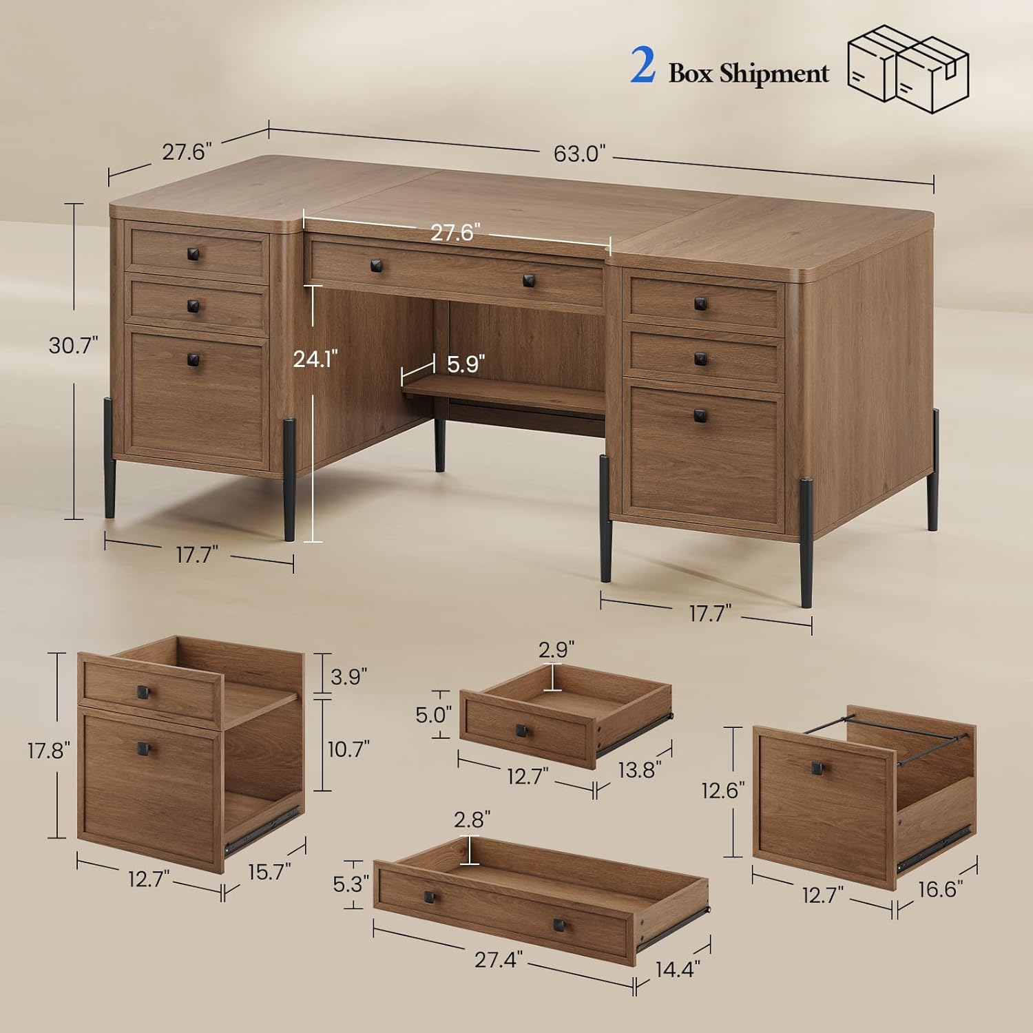 63 Executive Desk with 5 Drawers, Farmhouse Home Office Desks with 2 Storage Cabinet and Keyboard Tray, Large Boss Desk with Privacy Panel, Modern Table with Open Shelf and File Drawer