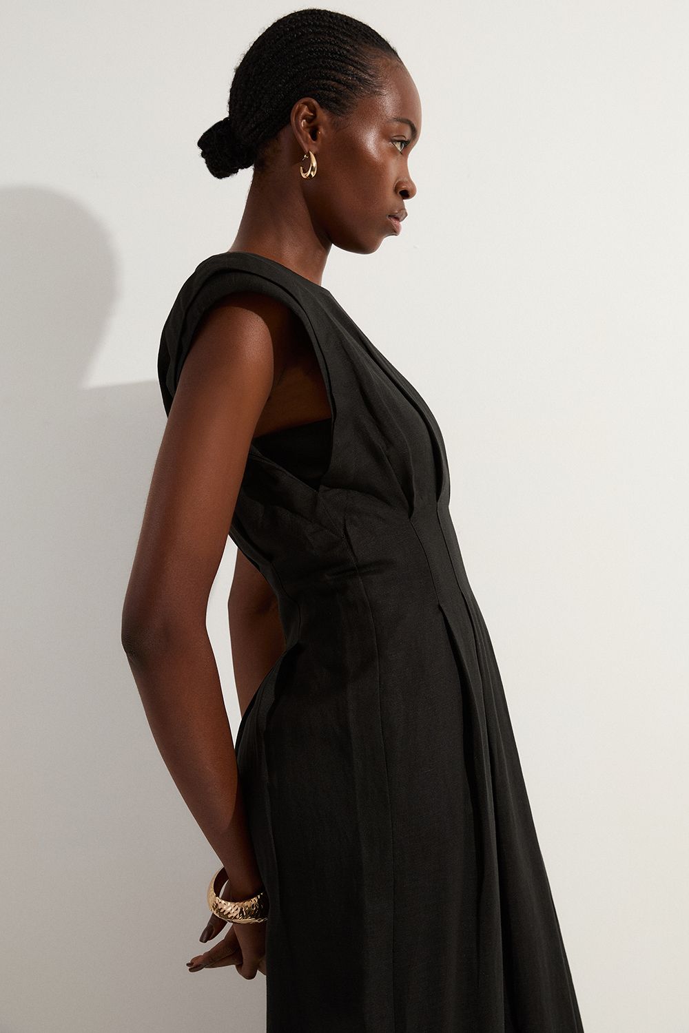 KarenMillen Viscose Linen Woven Pintuck Midi Dress