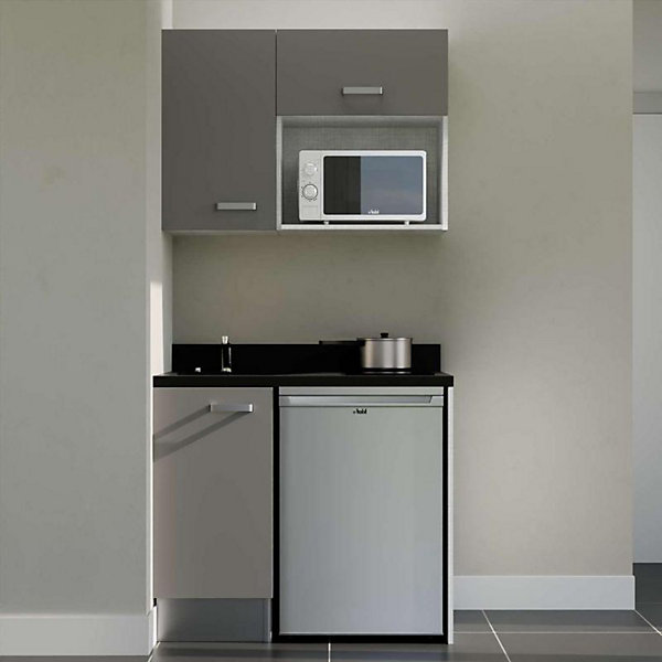 Kitchenette K00 - 100 cm - façades Gris - Plan monobloc en quartz coloris Nero évier à gauche - Electroménager Inox