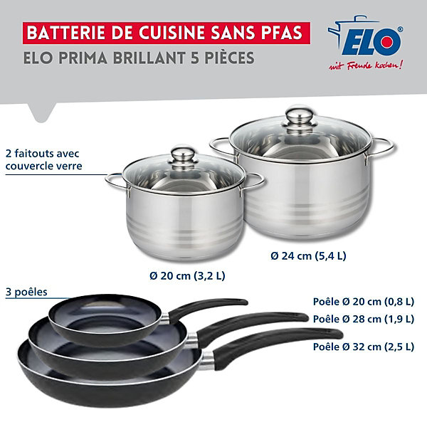 Ensemble de 3 Poêles de cuisson 20, 28 et 32 cm et 2 faitouts 20 et 24 cm Elo Prima Brillant