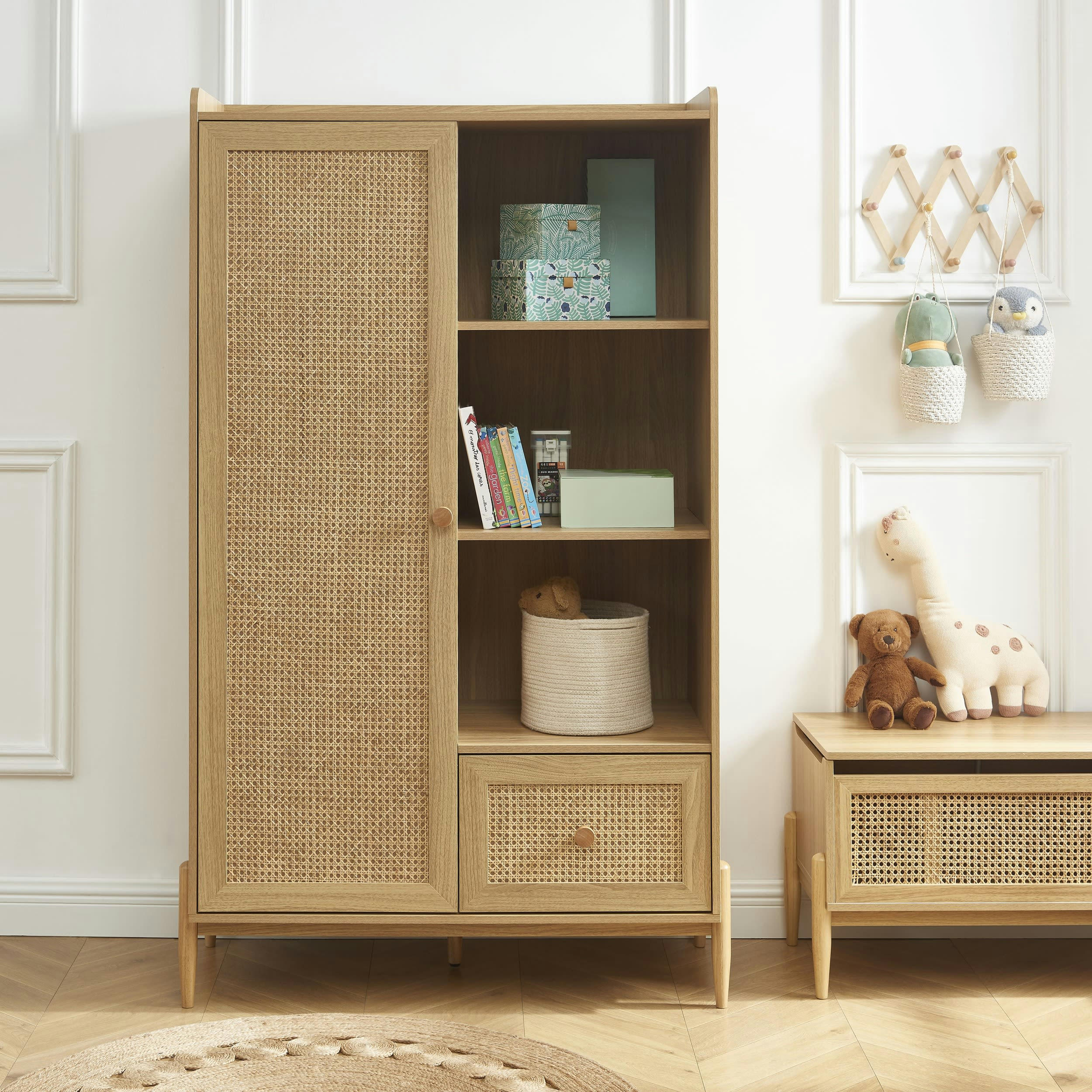 PABLO - Armoire  effet bois et cannage rotin 1 porte et 1 tiroir