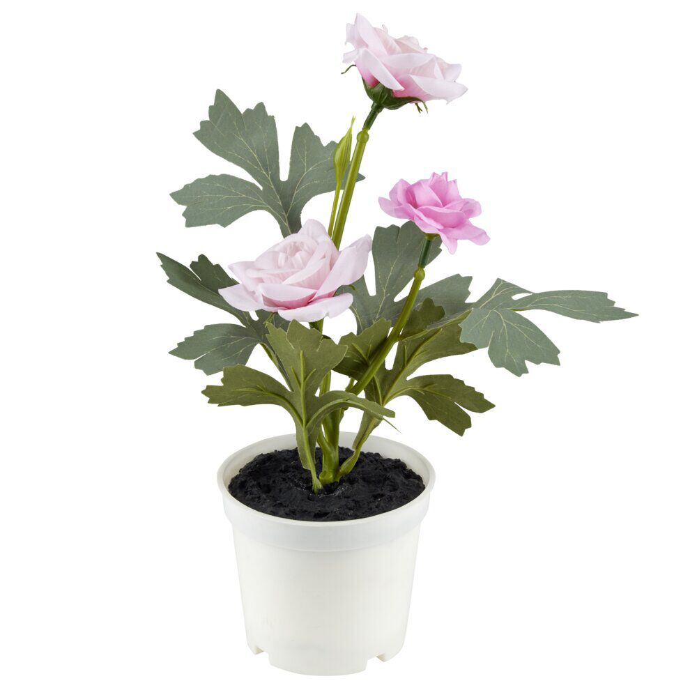 Rosier artificiel rose 3 têtes pot plastique noir Ø9,5xH27cm