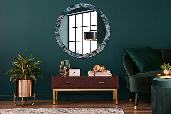 Miroir Rond Cadre Verre Trempé Motif Wallfluent fi90 cm Mer Agitée Effet Agrandissant Style Moderne