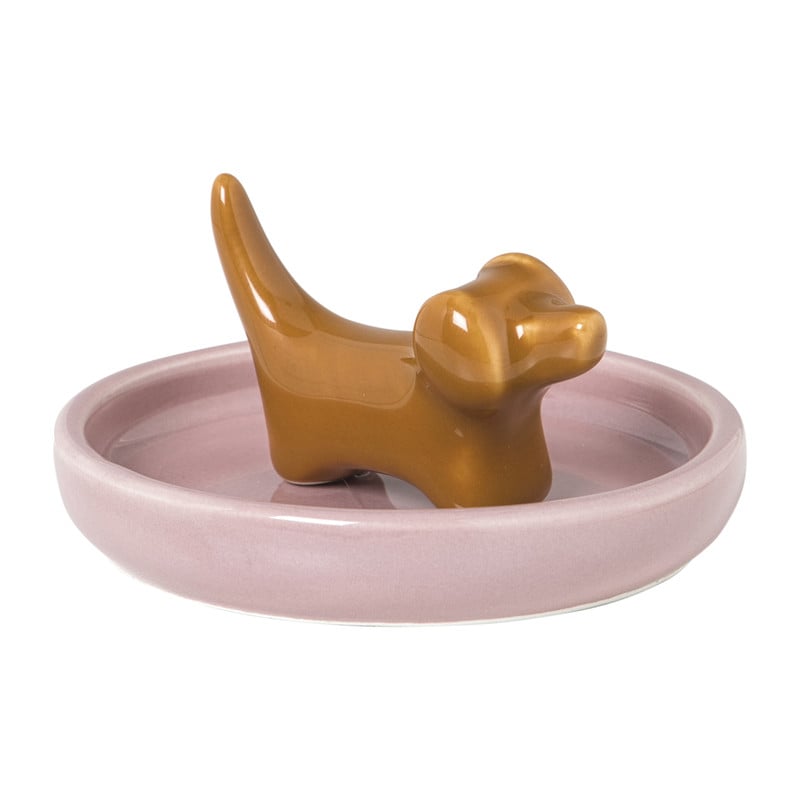 Sieradenhouder teckel - roze/bruin - &Oslash;10x5.8 cm