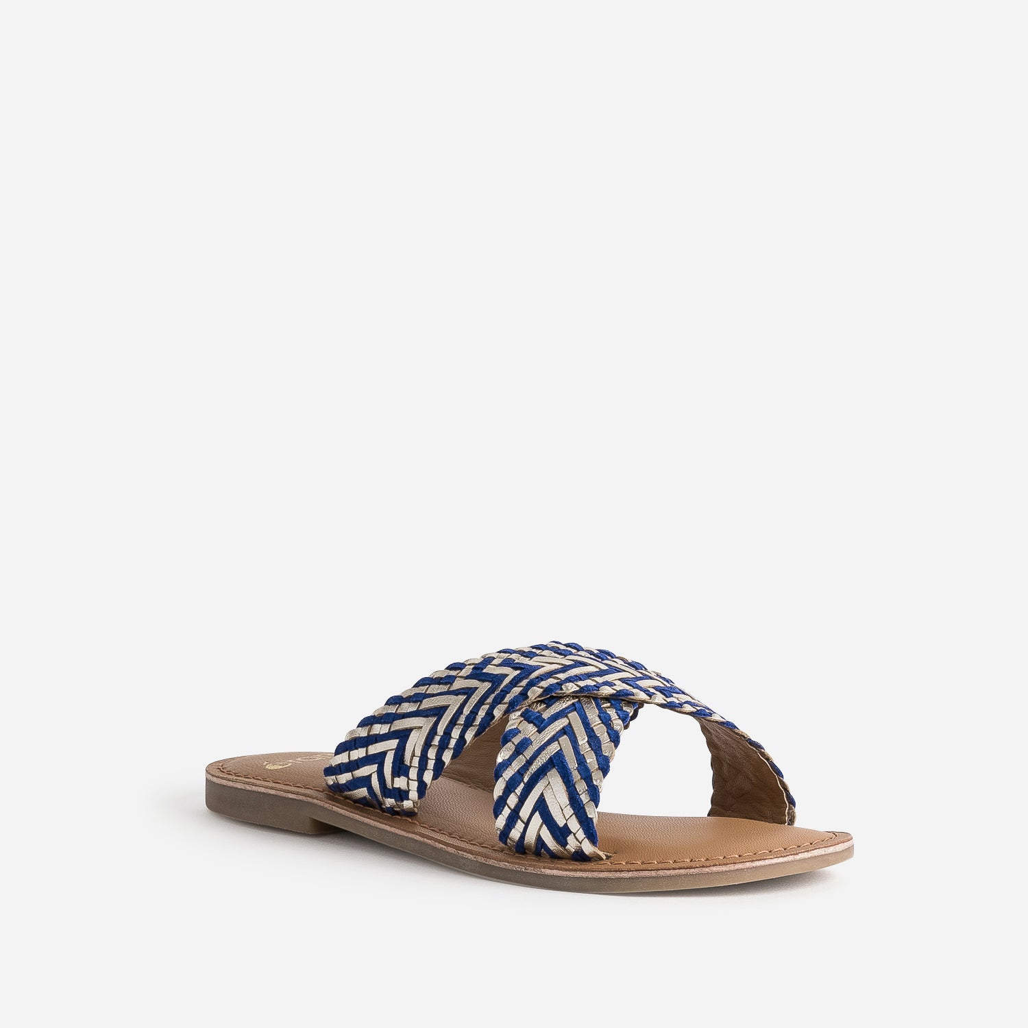Mule dorée et bleue cuir tressé