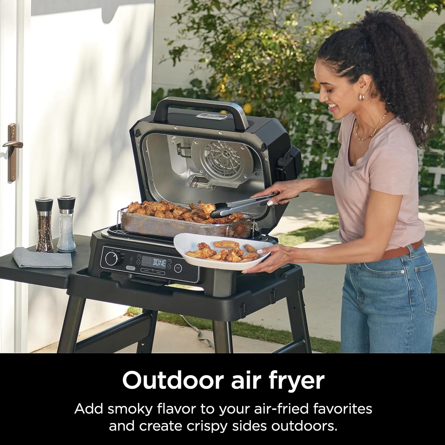 7-in-1 Grill  Smoker with Thermometer, Air Fryer, BBQ, Bake, Roast, Broil - Portable Electric Outdoor Grill, Grey(XL Grill + Thermometer)