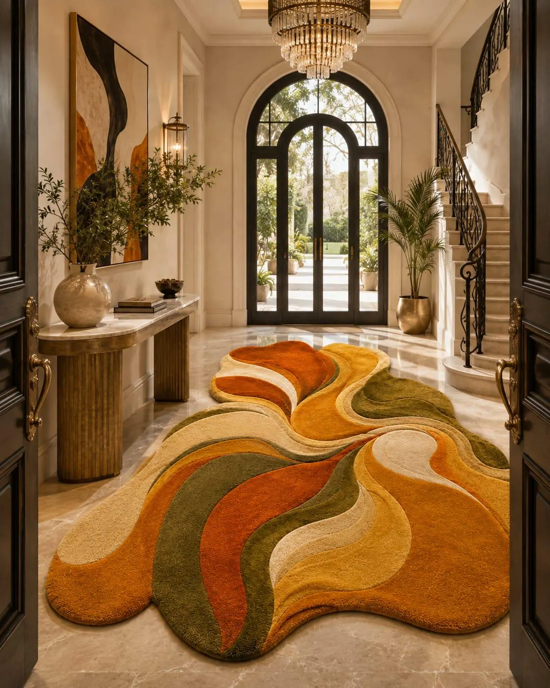 Abstract Hand Tufted Area Rug, Modern Organic Wave Rug, Olive Green Rust Orange Mustard Yellow Wool Rug, Mid Century Statement Floor Decor