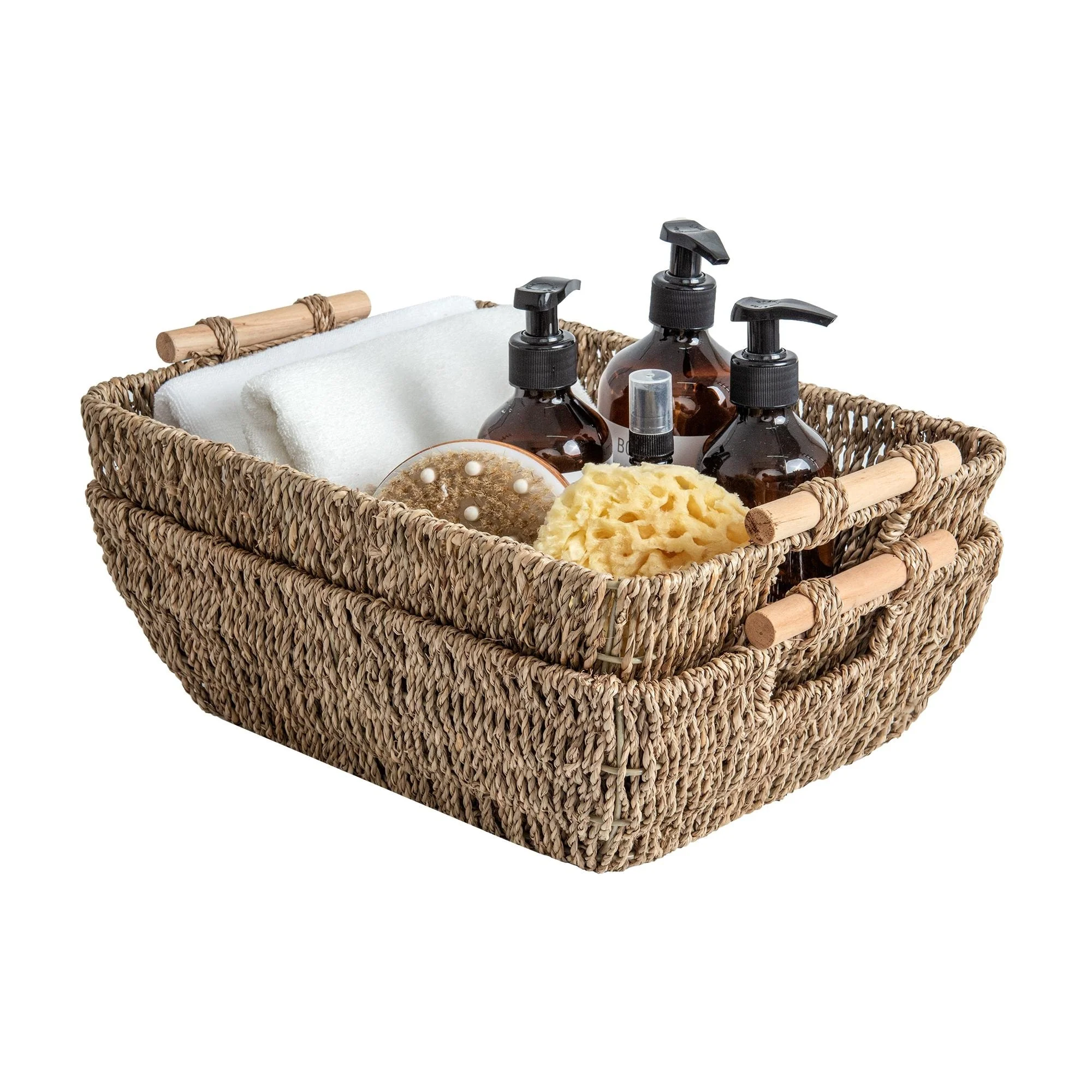 2-Pack Hand-Woven Storage Baskets with Wooden Handles, Wicker Basket for Organizing, Gift Choice