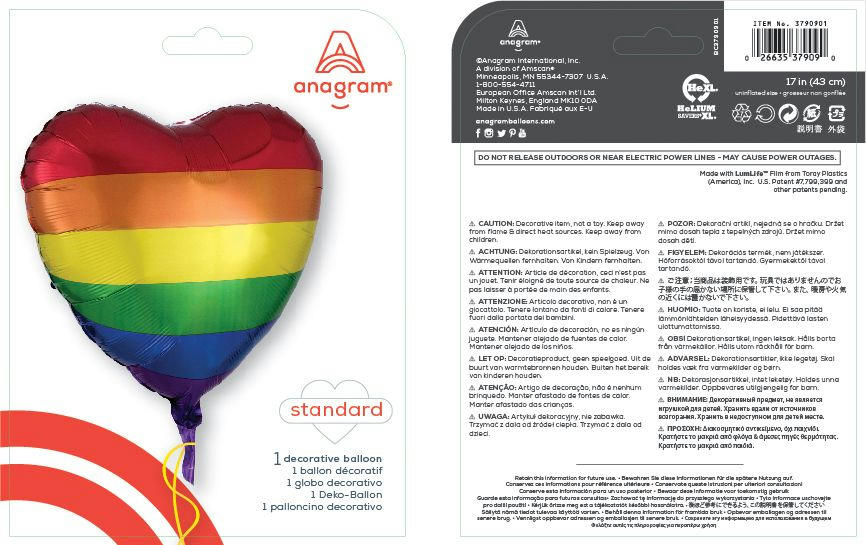 Heart Satin Foil Balloon, Rainbow, Striped, 17-in, Helium Inflation & Ribbon Included for Pride