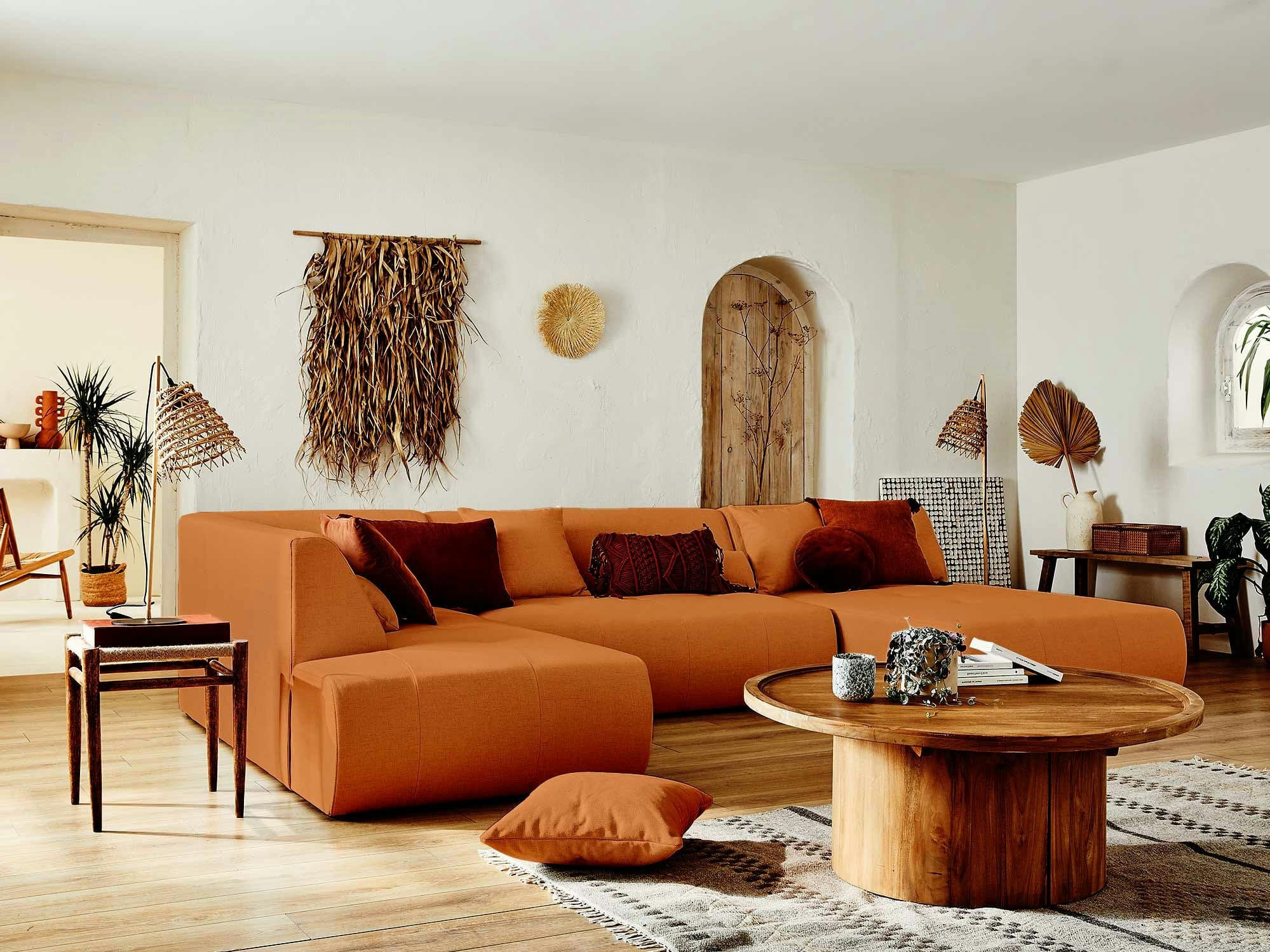 ONYX - Canapé modulable 7 places angle gauche en tissu rouille