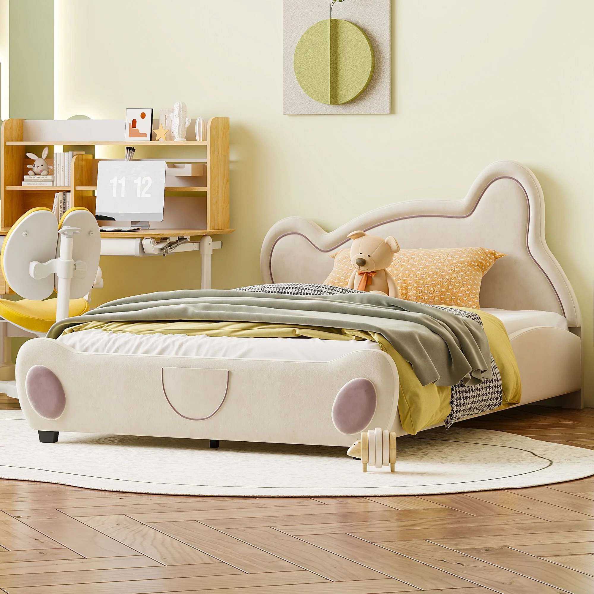 Full Size Bear-Shaped Platform Bed with Storage Pockets, Velvet Upholstery