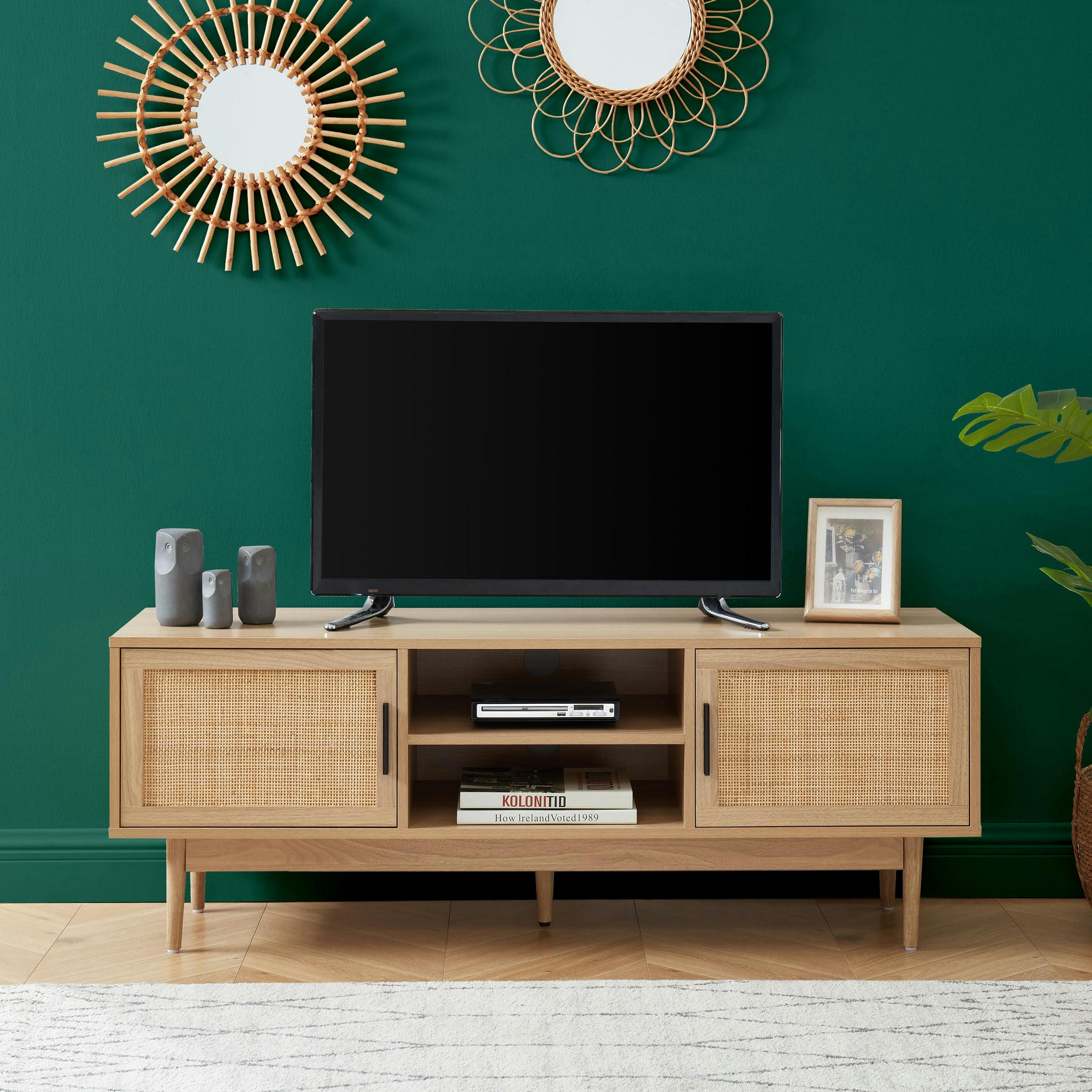 AMANA - Meuble tv  effet chêne et cannage rotin 130cm
