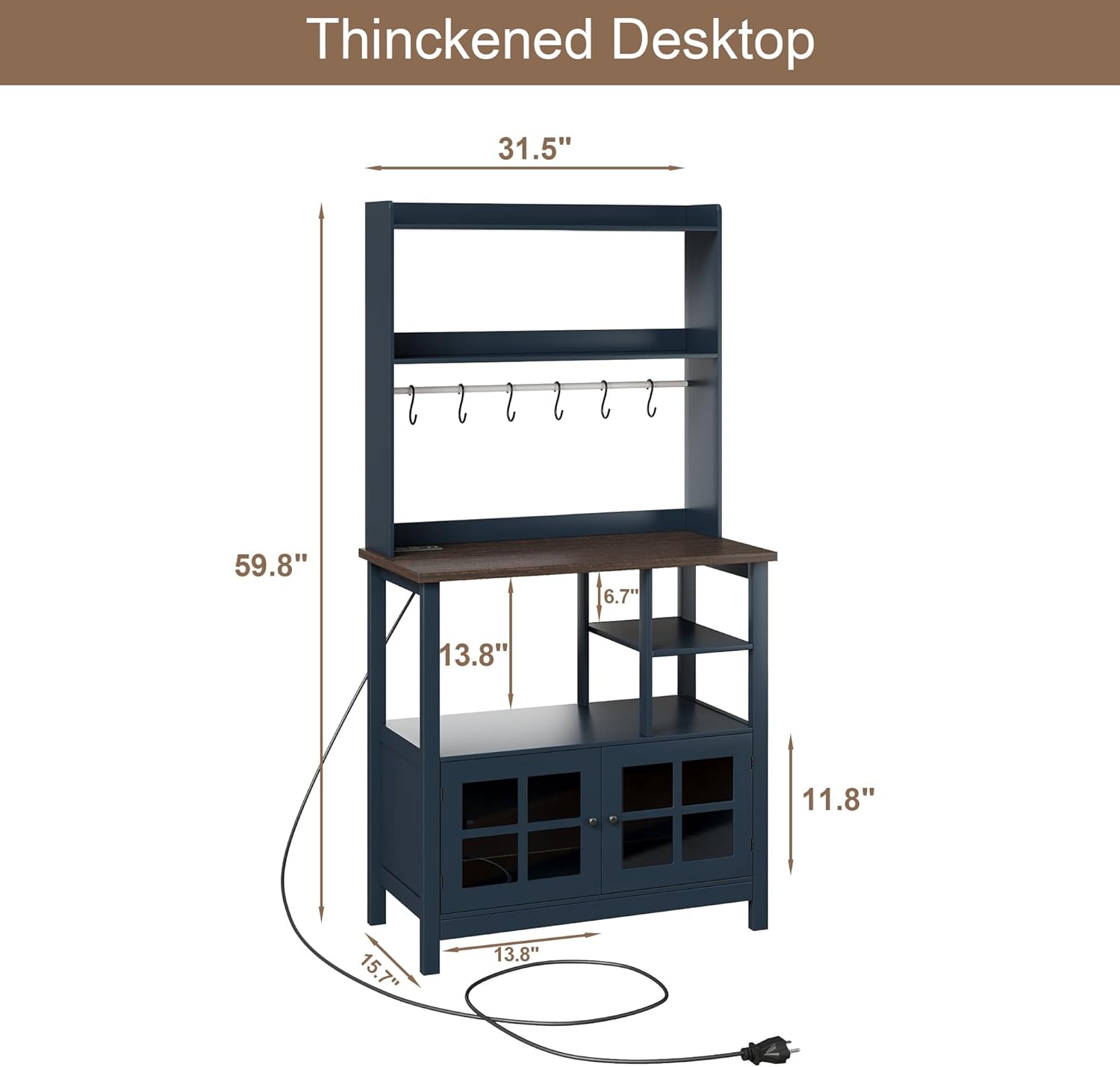 ChooChoo Farmhouse Coffee Bar Cabinet with Storage, Bakers Rack with Power Outlets, Microwave Stand Kitchen Cabinet with Hutch and 6 Hooks, Blue