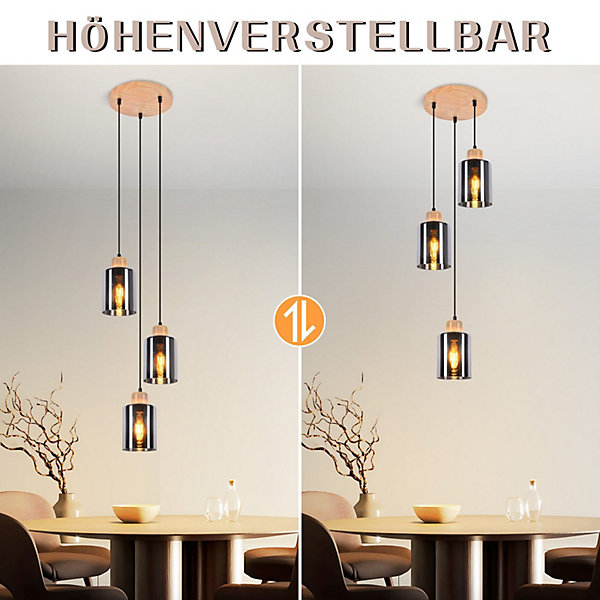 NETTLIFE Suspension en bois, lampe suspendue E27, lampe de table à manger vintage en verre