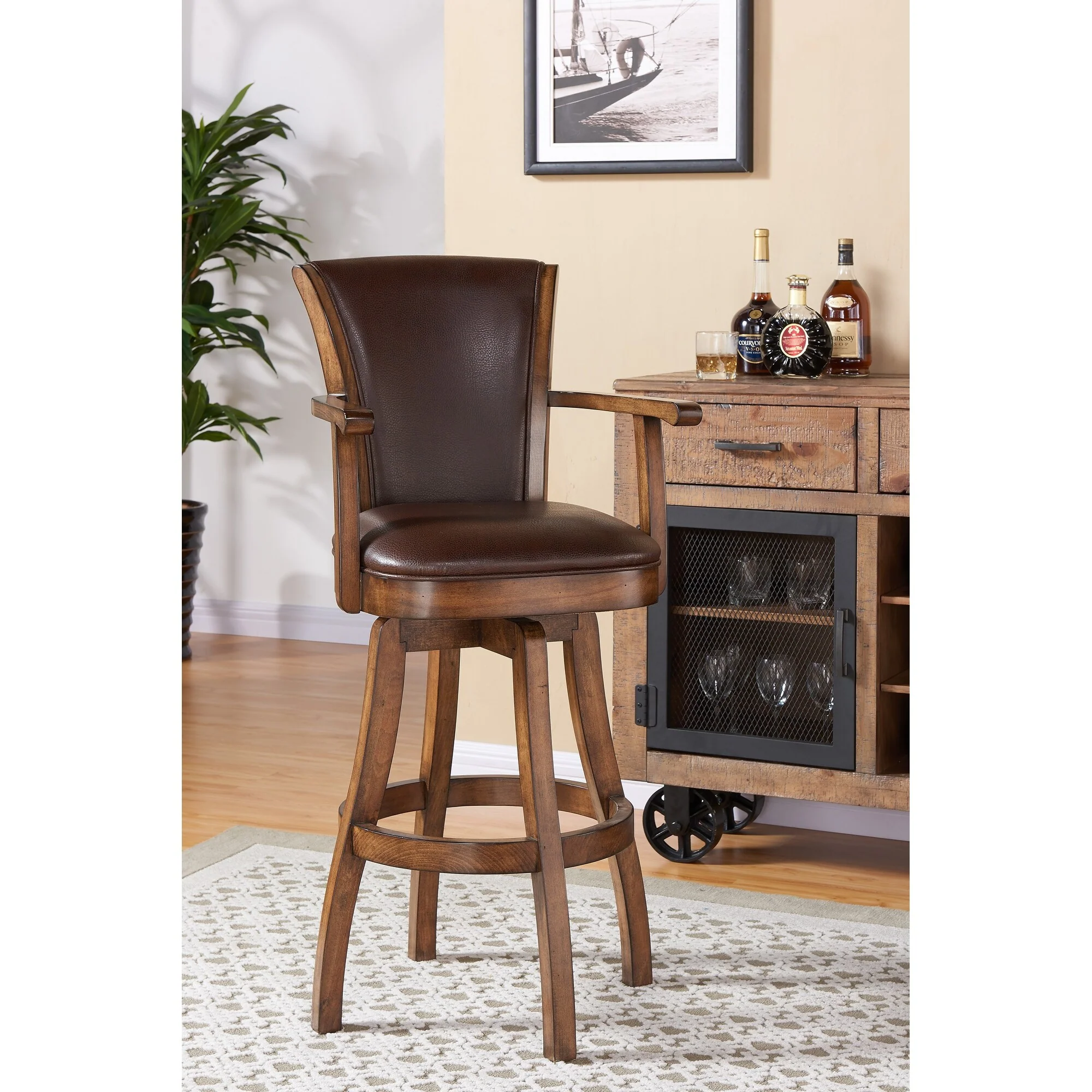 Raleigh Kahlua Brown Faux Leather & Wood Swivel Bar/Counter Stool with Arms