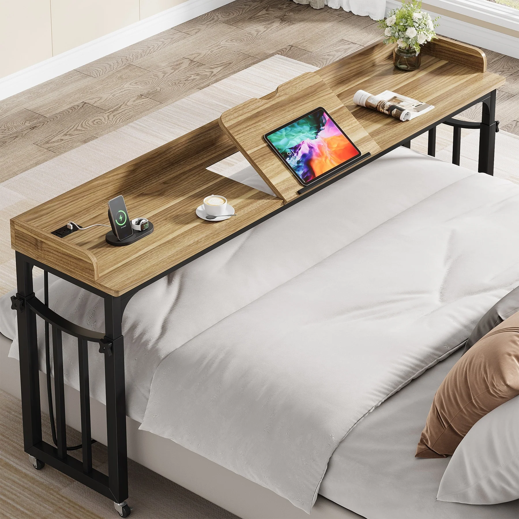 71 inch Overbed Table with Height Adjustable & Power Outlet, Queen Size Bed Table